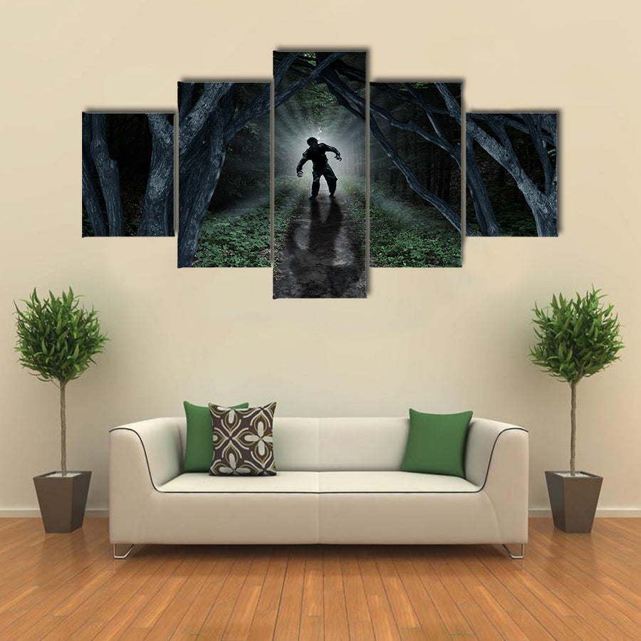 Monster In Creepy Wilderness With The Moon Glow Behind Multi Panel Canvas Wall Art