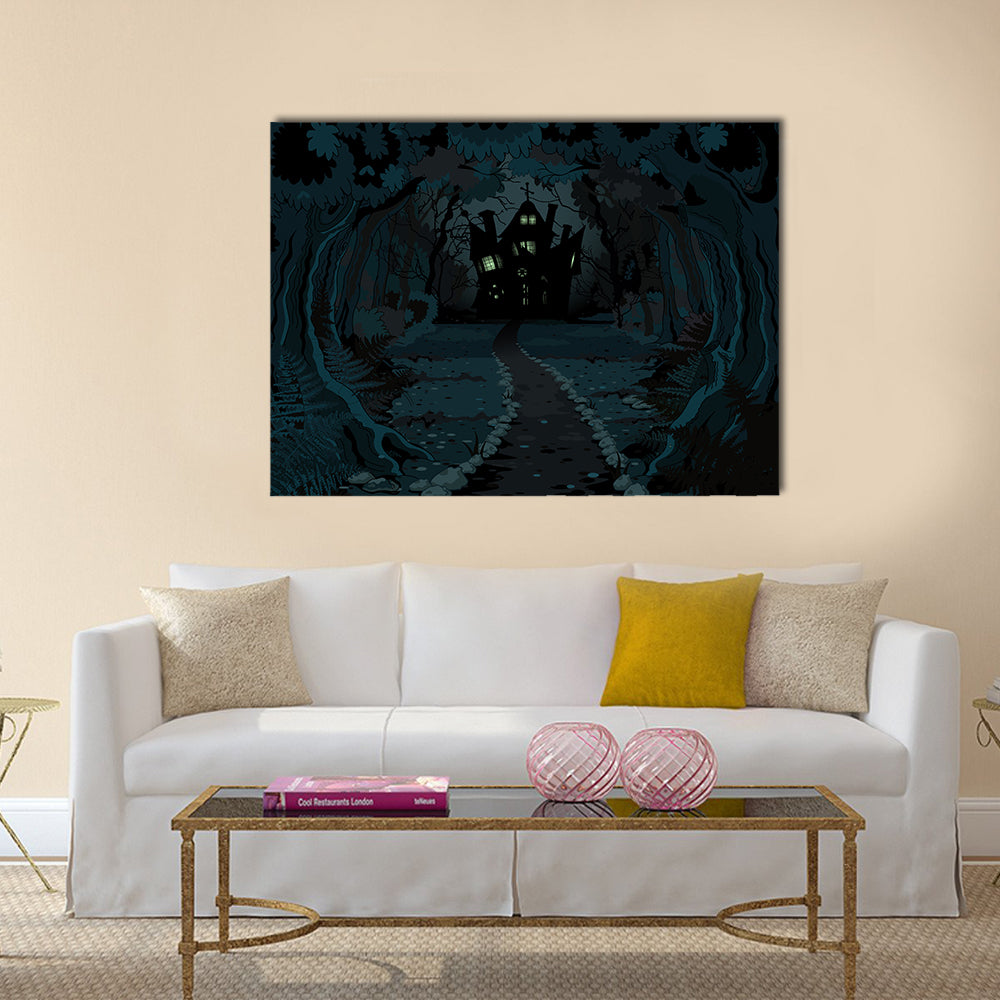 A Spooky Haunted House In The Dark Forest Multi Panel Canvas Wall Art