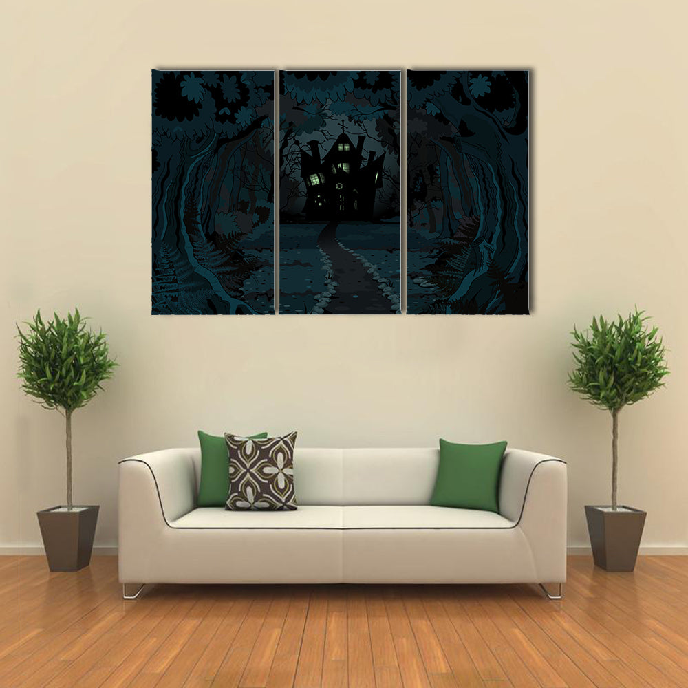 A Spooky Haunted House In The Dark Forest Multi Panel Canvas Wall Art