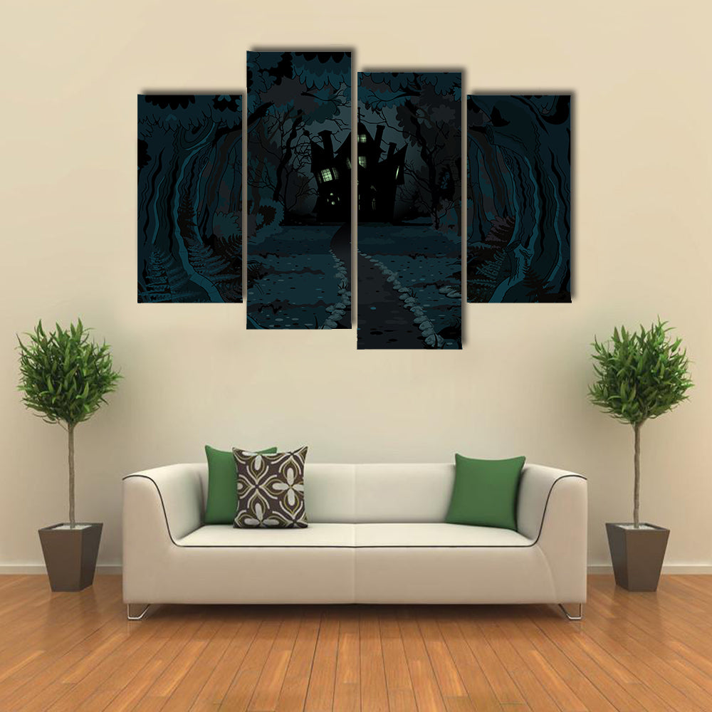 A Spooky Haunted House In The Dark Forest Multi Panel Canvas Wall Art