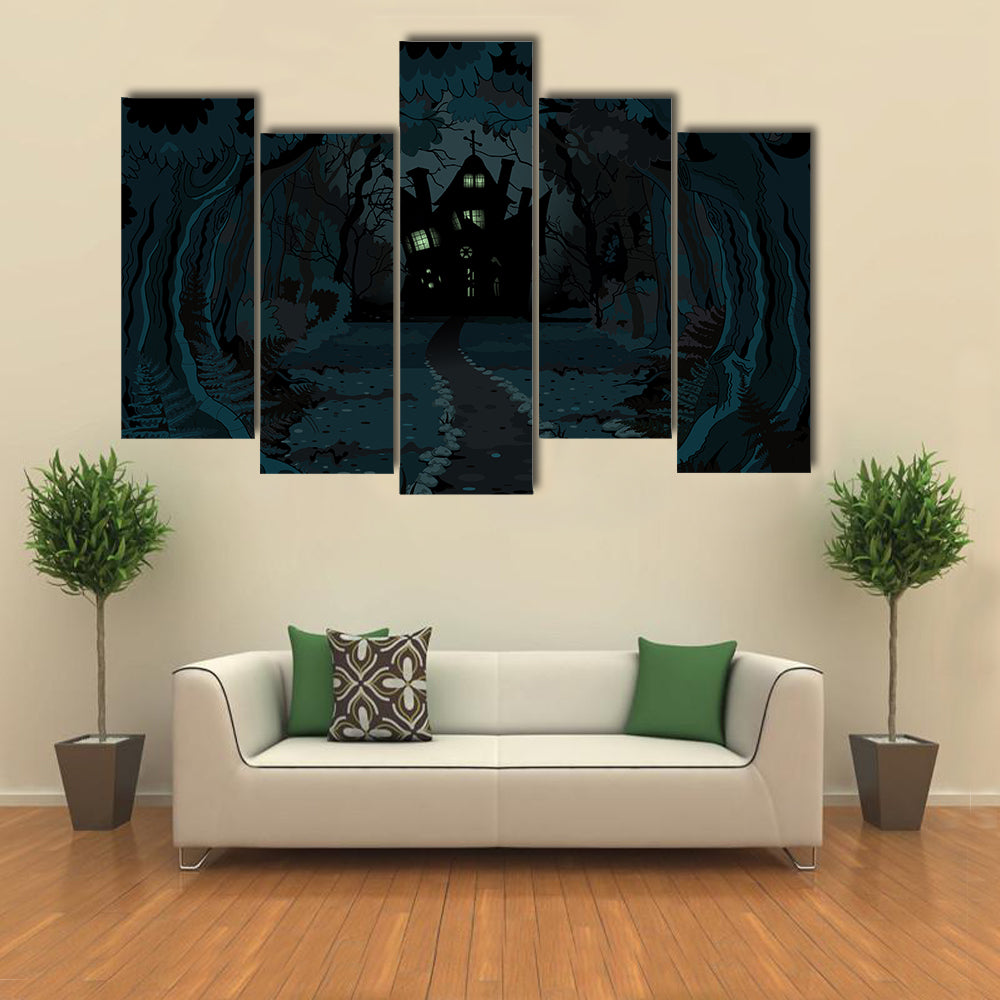 A Spooky Haunted House In The Dark Forest Multi Panel Canvas Wall Art