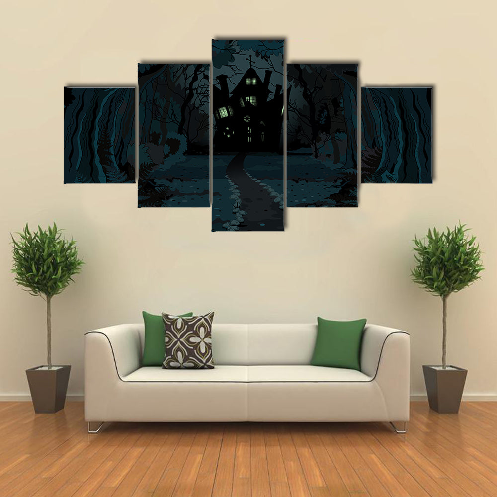 A Spooky Haunted House In The Dark Forest Multi Panel Canvas Wall Art