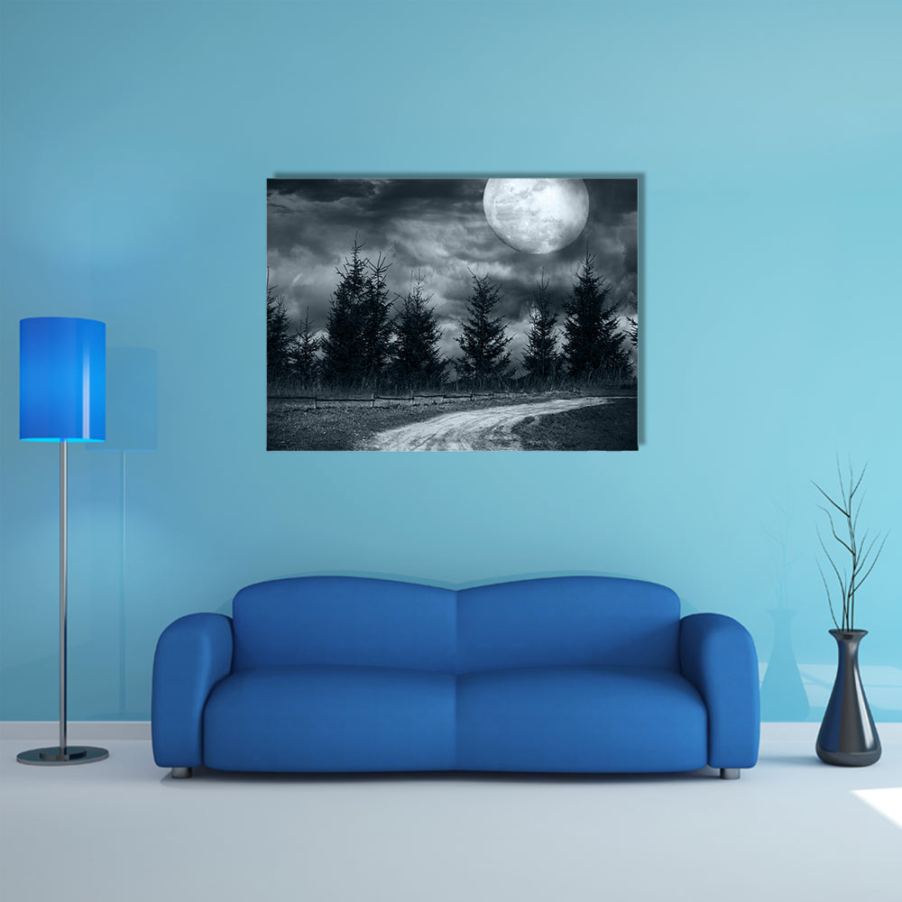 Empty Roads Leads You Nowhere # An Empty Rural Road Under The Full Moon Light Multi Panel Canvas Wall Art Print Set