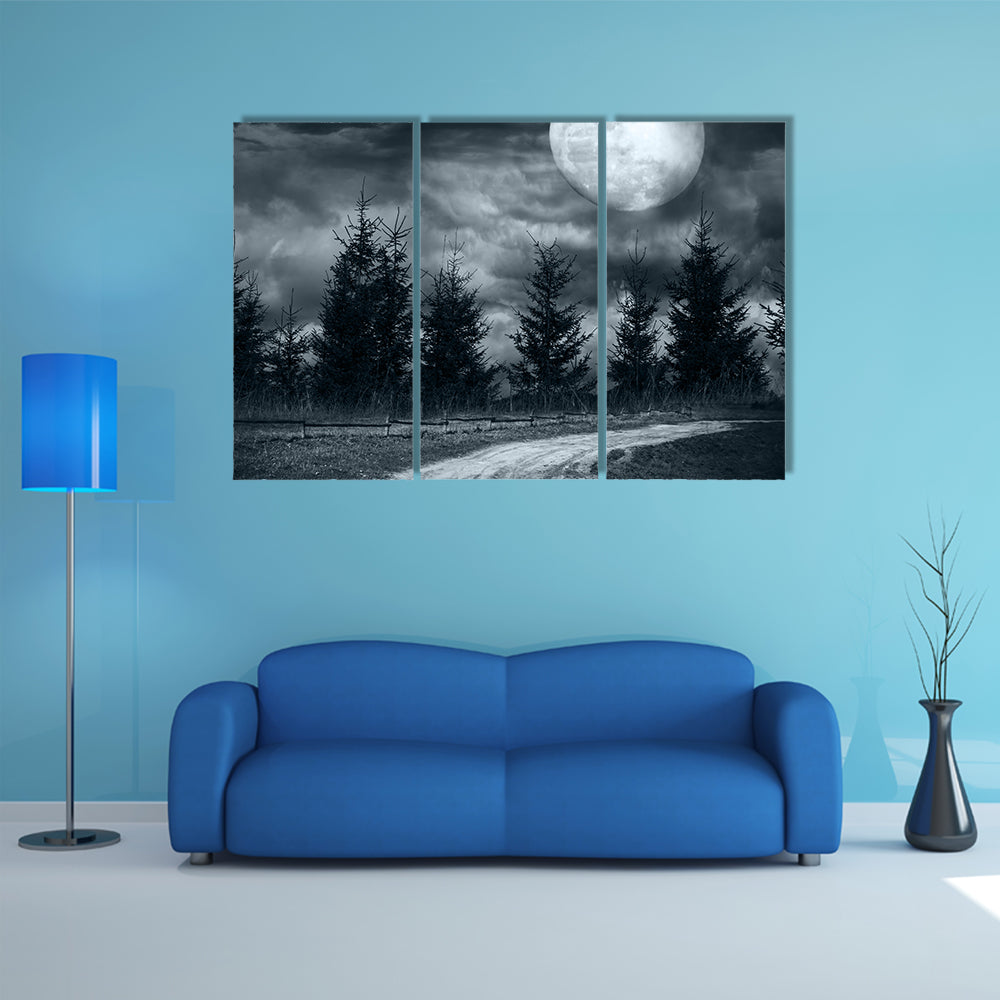 Empty Roads Leads You Nowhere # An Empty Rural Road Under The Full Moon Light Multi Panel Canvas Wall Art Print Set
