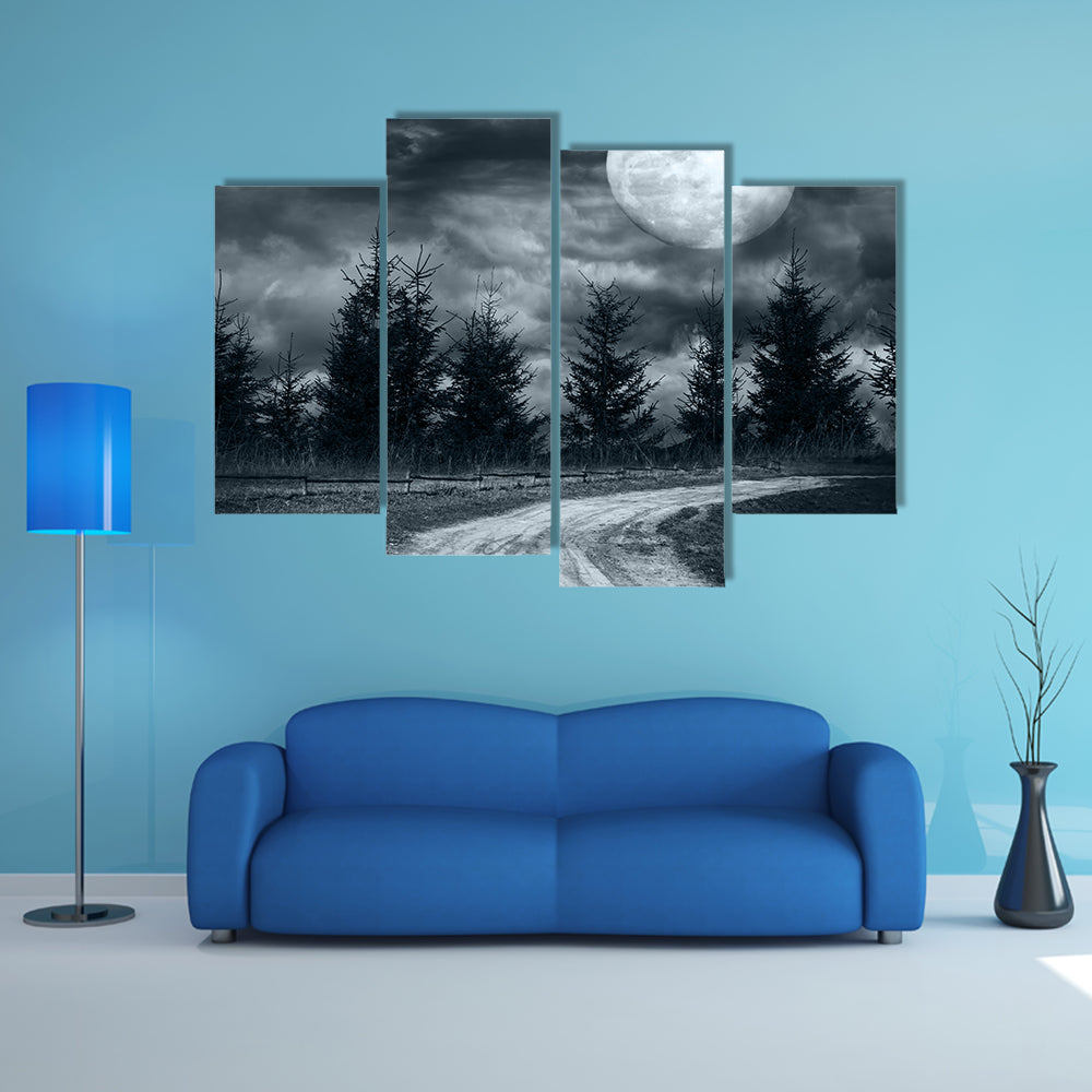 Empty Roads Leads You Nowhere # An Empty Rural Road Under The Full Moon Light Multi Panel Canvas Wall Art Print Set
