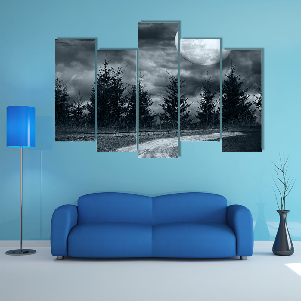 Empty Roads Leads You Nowhere # An Empty Rural Road Under The Full Moon Light Multi Panel Canvas Wall Art Print Set