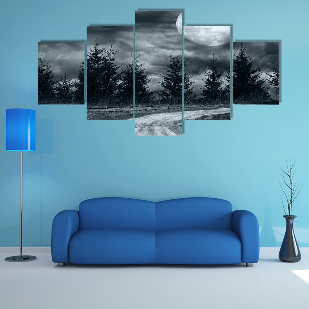 Empty Roads Leads You Nowhere # An Empty Rural Road Under The Full Moon Light Multi Panel Canvas Wall Art Print Set