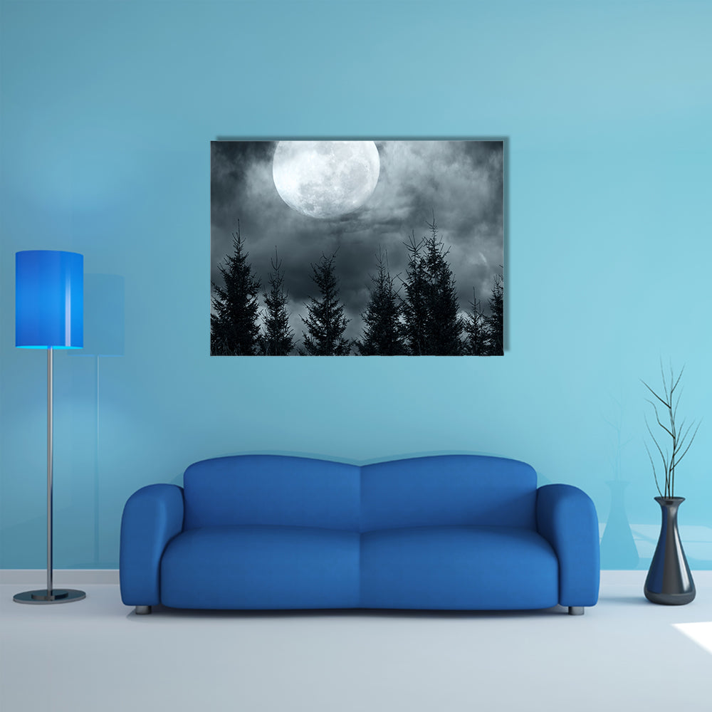 Pine Forest Under The Dim Moonlight In A Full Moon Mysterious Night Multi Panel Canvas Wall Art
