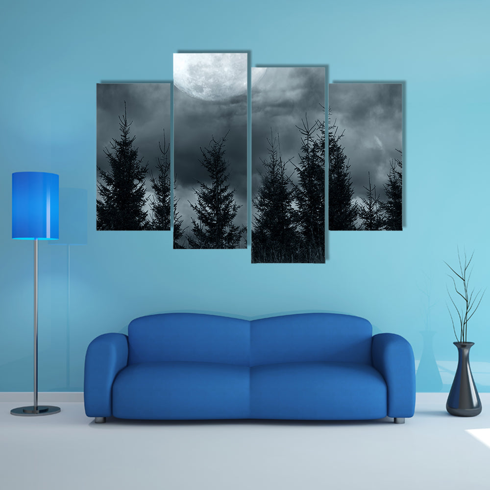 Pine Forest Under The Dim Moonlight In A Full Moon Mysterious Night Multi Panel Canvas Wall Art