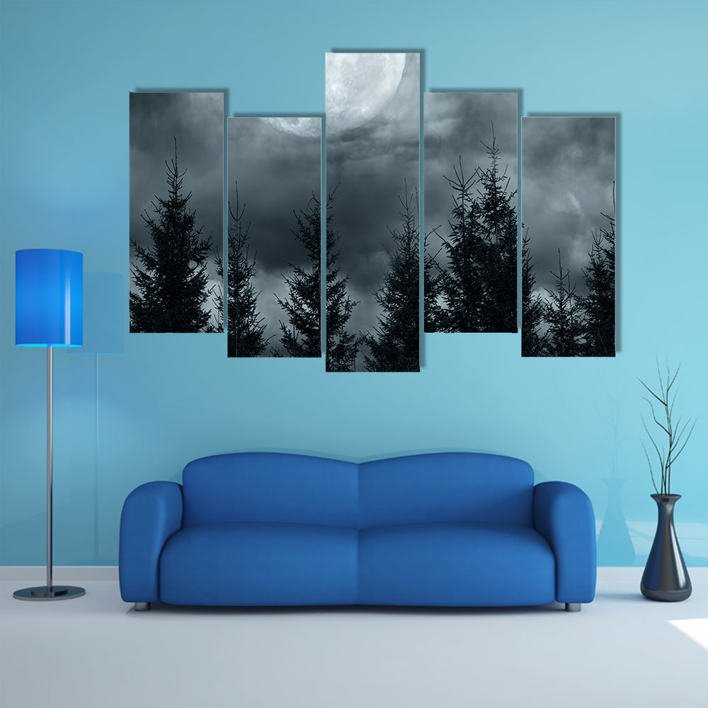 Pine Forest Under The Dim Moonlight In A Full Moon Mysterious Night Multi Panel Canvas Wall Art