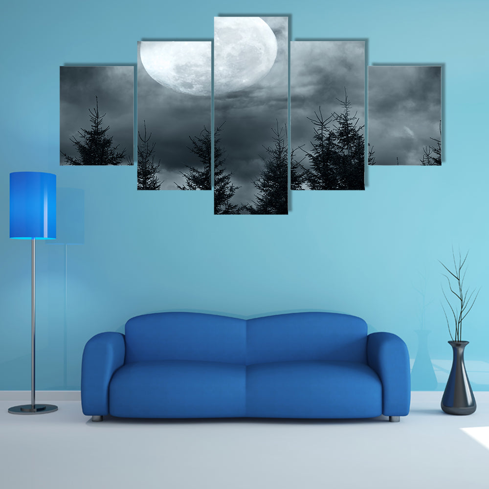 Pine Forest Under The Dim Moonlight In A Full Moon Mysterious Night Multi Panel Canvas Wall Art