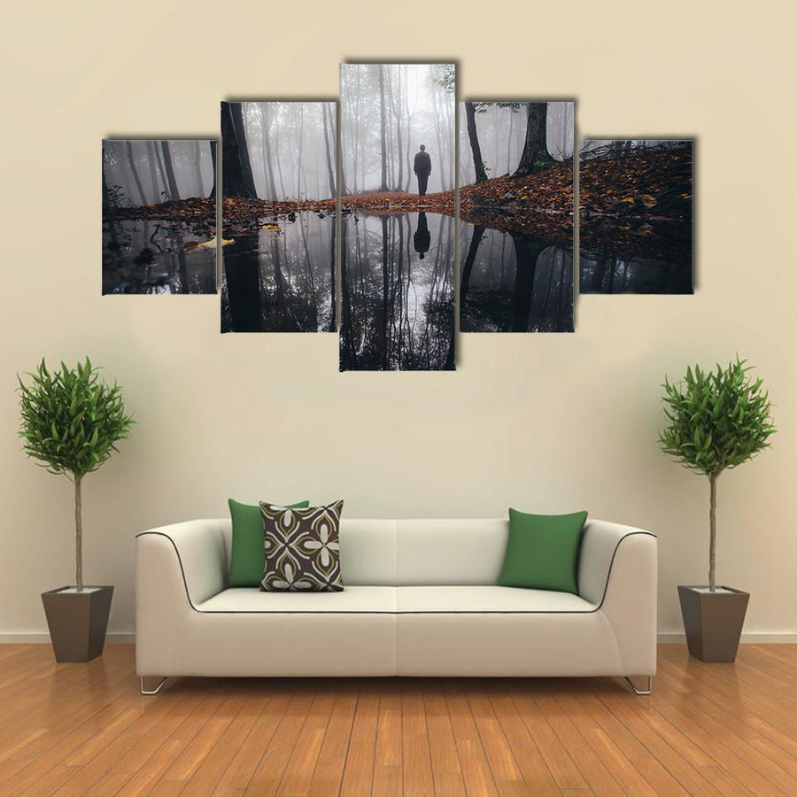 A Man Near Lake In A Haunted Forest Covered With Fog Multi Panel Canvas Wall Art Print Set