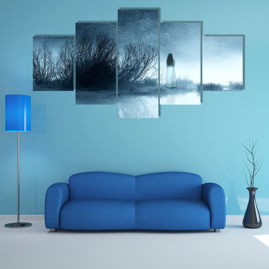 Mysterious Woman In The Mist Near The Water Body At Night Multi Panel Canvas Wall Art