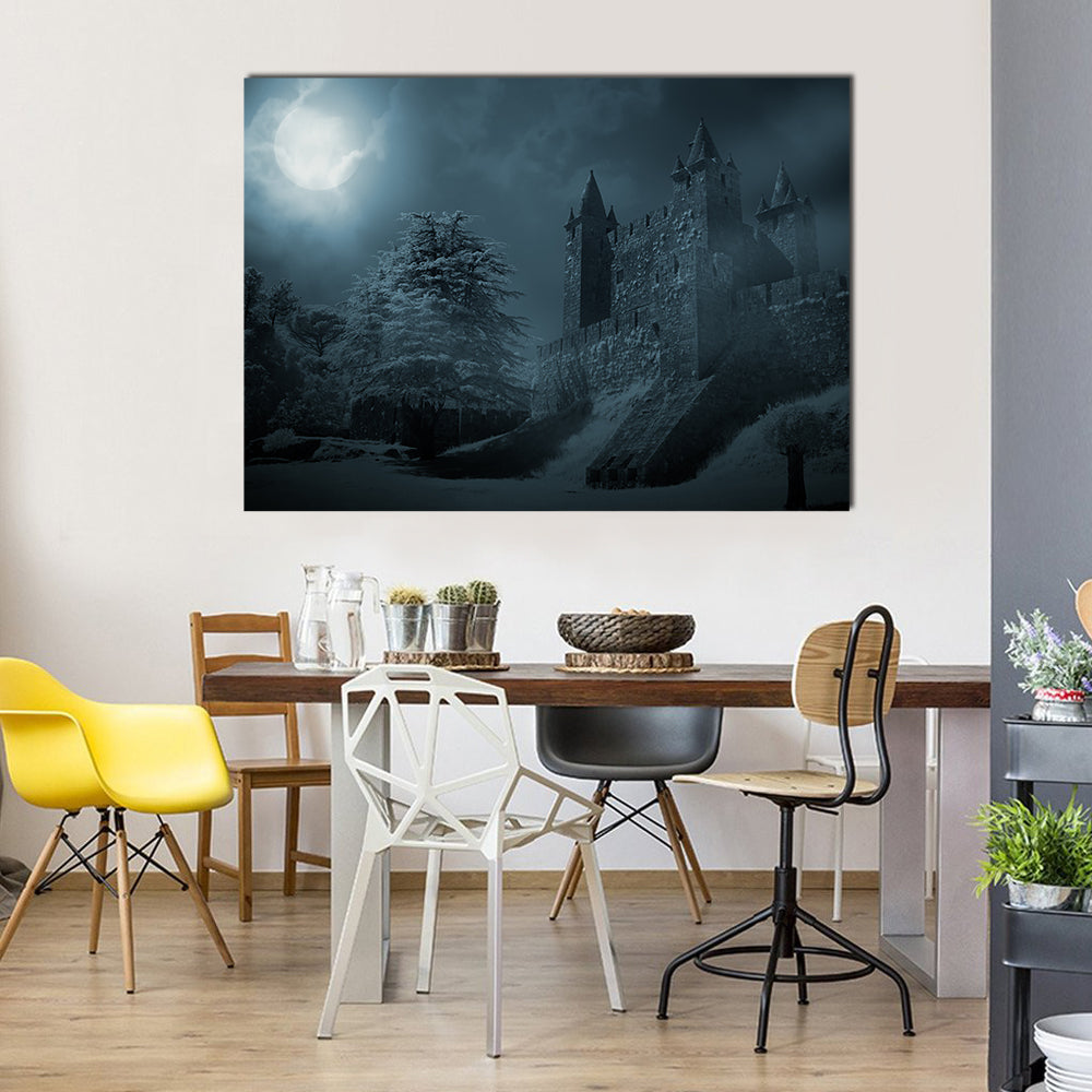 Mysterious Medieval Castle In Moonlight Multi Panel Canvas Wall Art