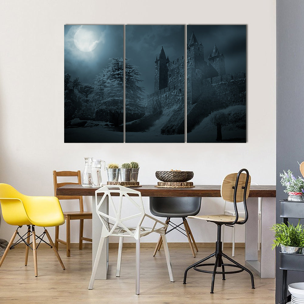 Mysterious Medieval Castle In Moonlight Multi Panel Canvas Wall Art