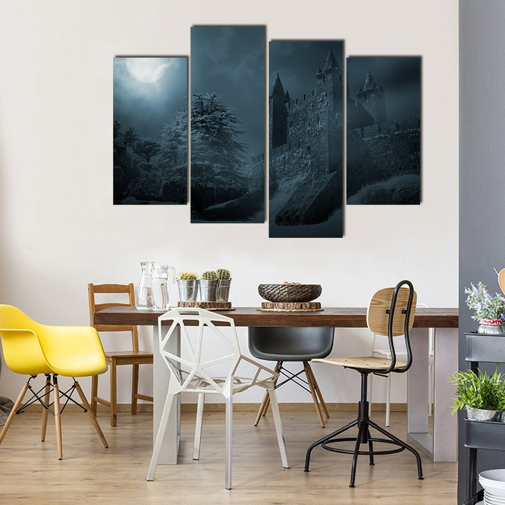 Mysterious Medieval Castle In Moonlight Multi Panel Canvas Wall Art