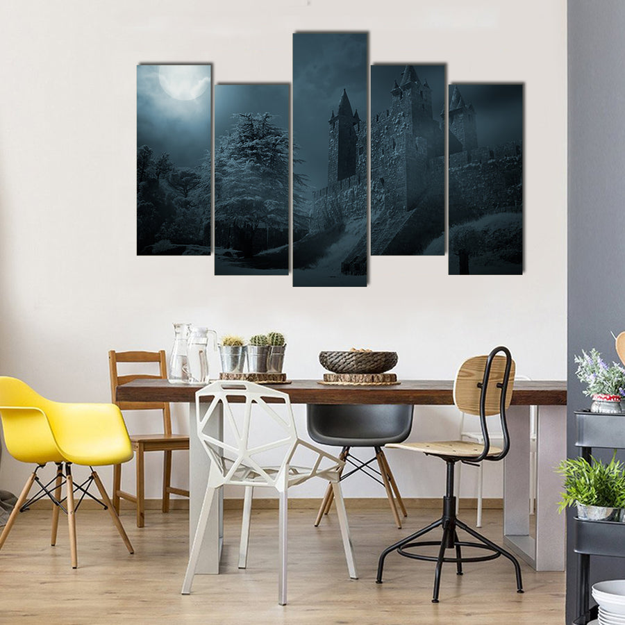 Mysterious Medieval Castle In Moonlight Multi Panel Canvas Wall Art
