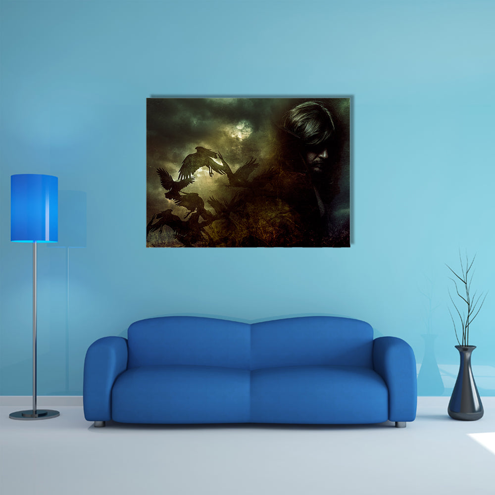 When Birds Sense The Paranormal Man In A Black Coat Multi Panel Canvas Wall Art