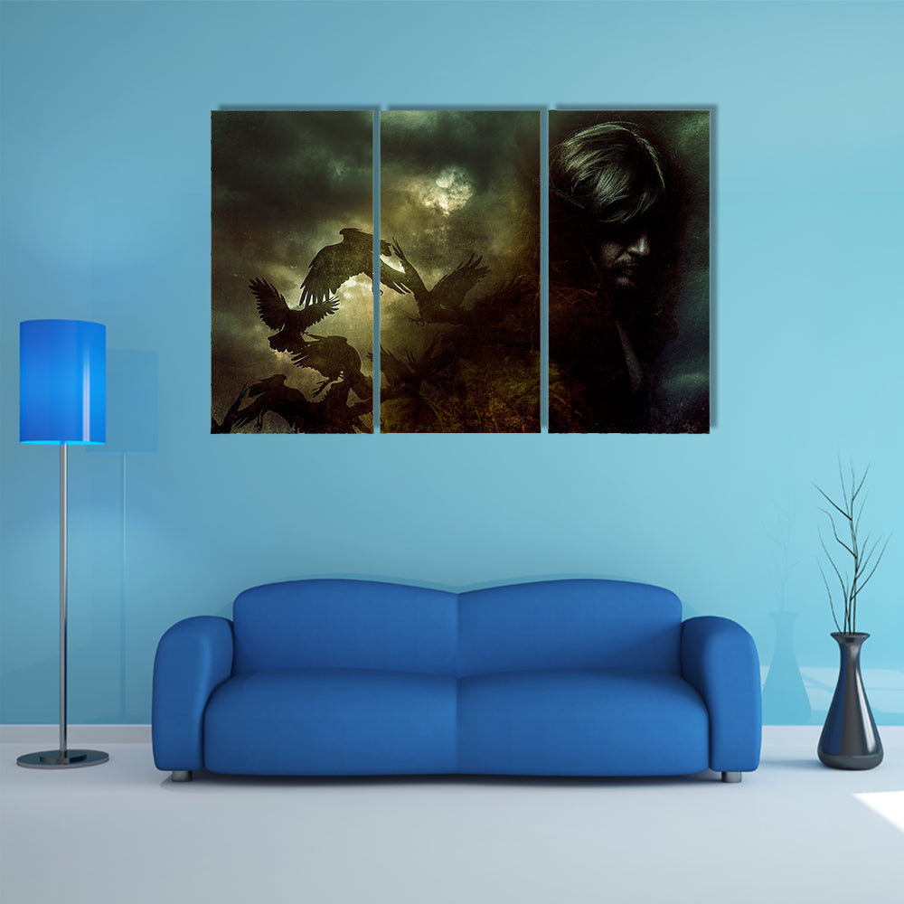 When Birds Sense The Paranormal Man In A Black Coat Multi Panel Canvas Wall Art