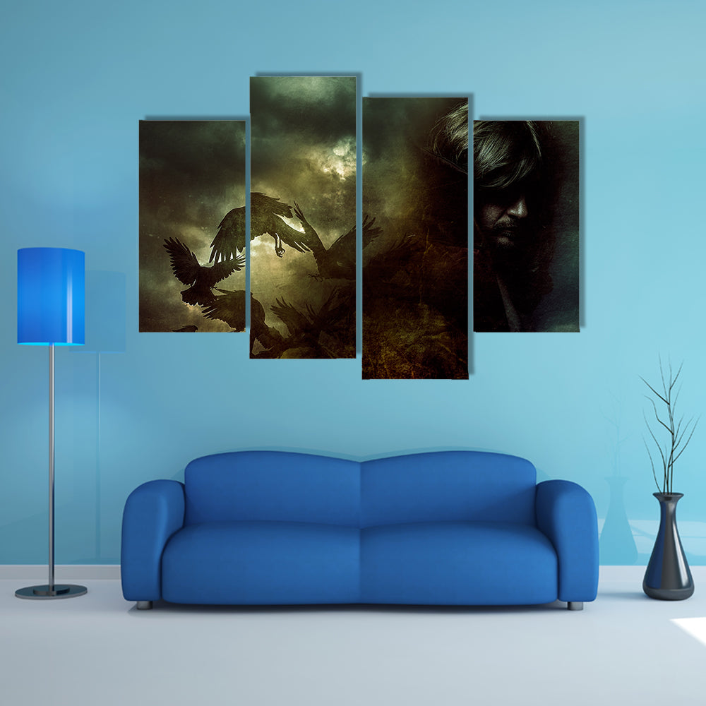 When Birds Sense The Paranormal Man In A Black Coat Multi Panel Canvas Wall Art
