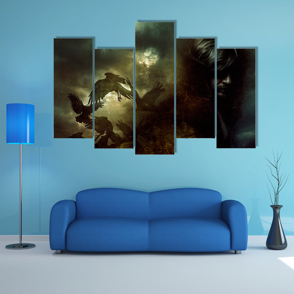 When Birds Sense The Paranormal Man In A Black Coat Multi Panel Canvas Wall Art