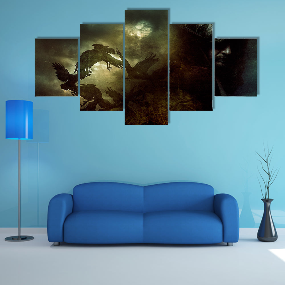 When Birds Sense The Paranormal Man In A Black Coat Multi Panel Canvas Wall Art