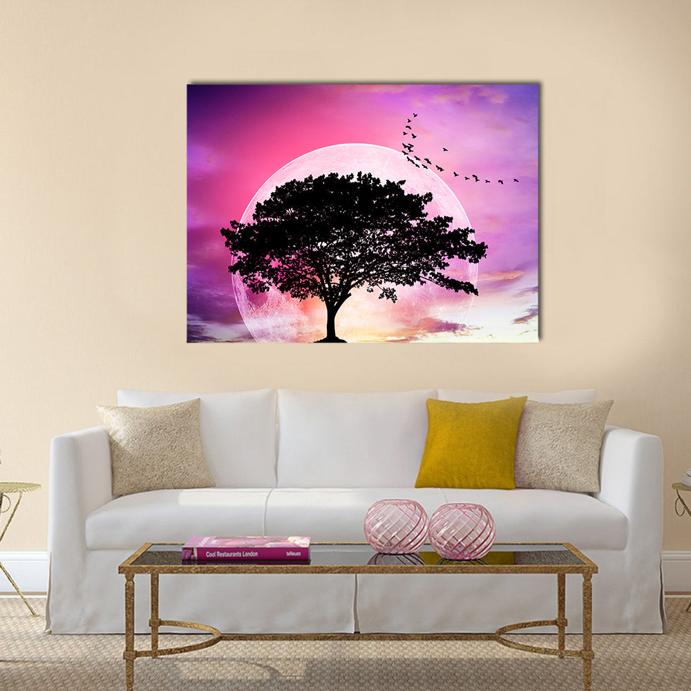 Silhouette Of The Tree Under The Full Moon Multi Panel Canvas Wall Art