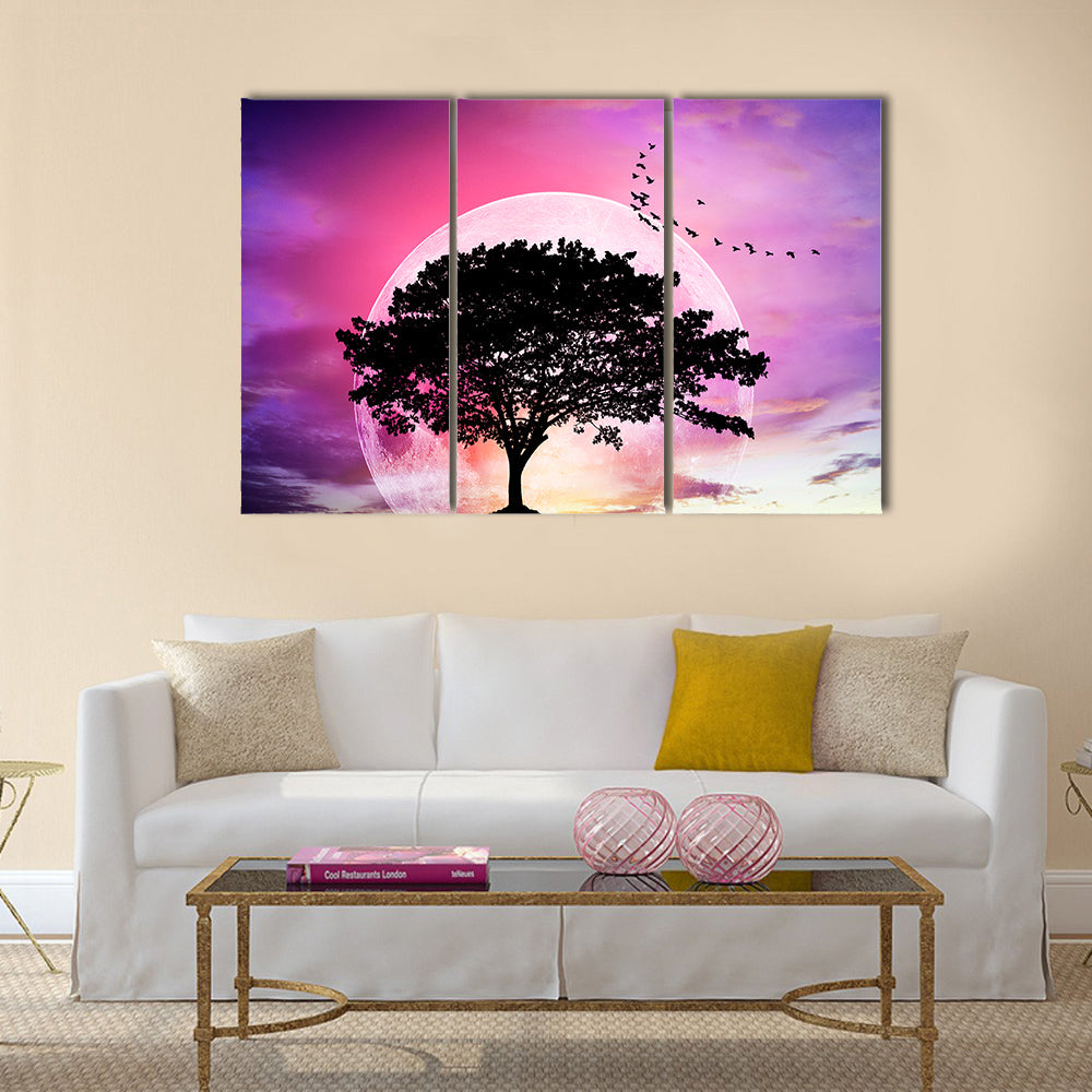 Silhouette Of The Tree Under The Full Moon Multi Panel Canvas Wall Art
