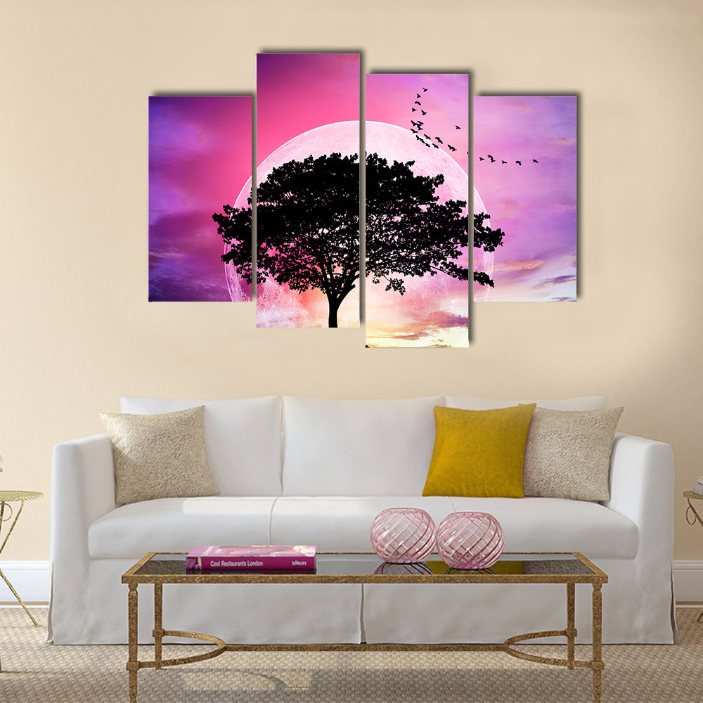 Silhouette Of The Tree Under The Full Moon Multi Panel Canvas Wall Art