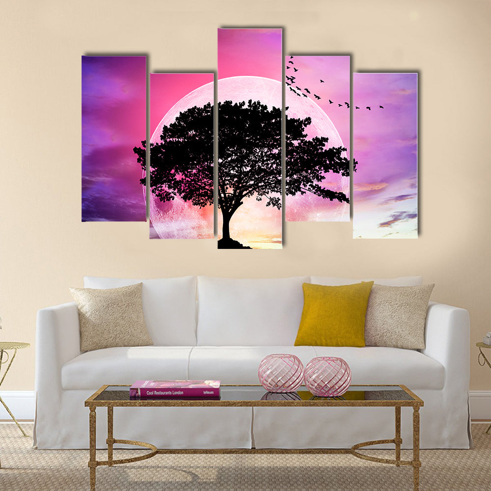 Silhouette Of The Tree Under The Full Moon Multi Panel Canvas Wall Art