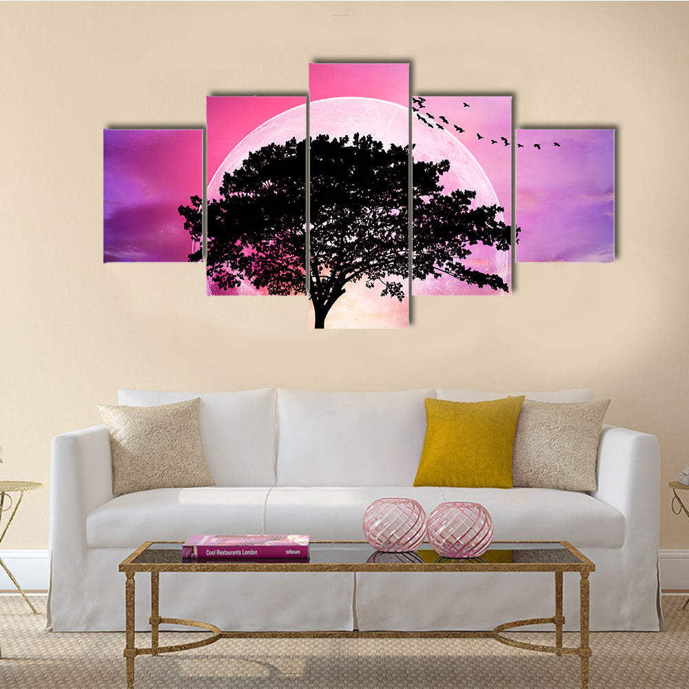 Silhouette Of The Tree Under The Full Moon Multi Panel Canvas Wall Art