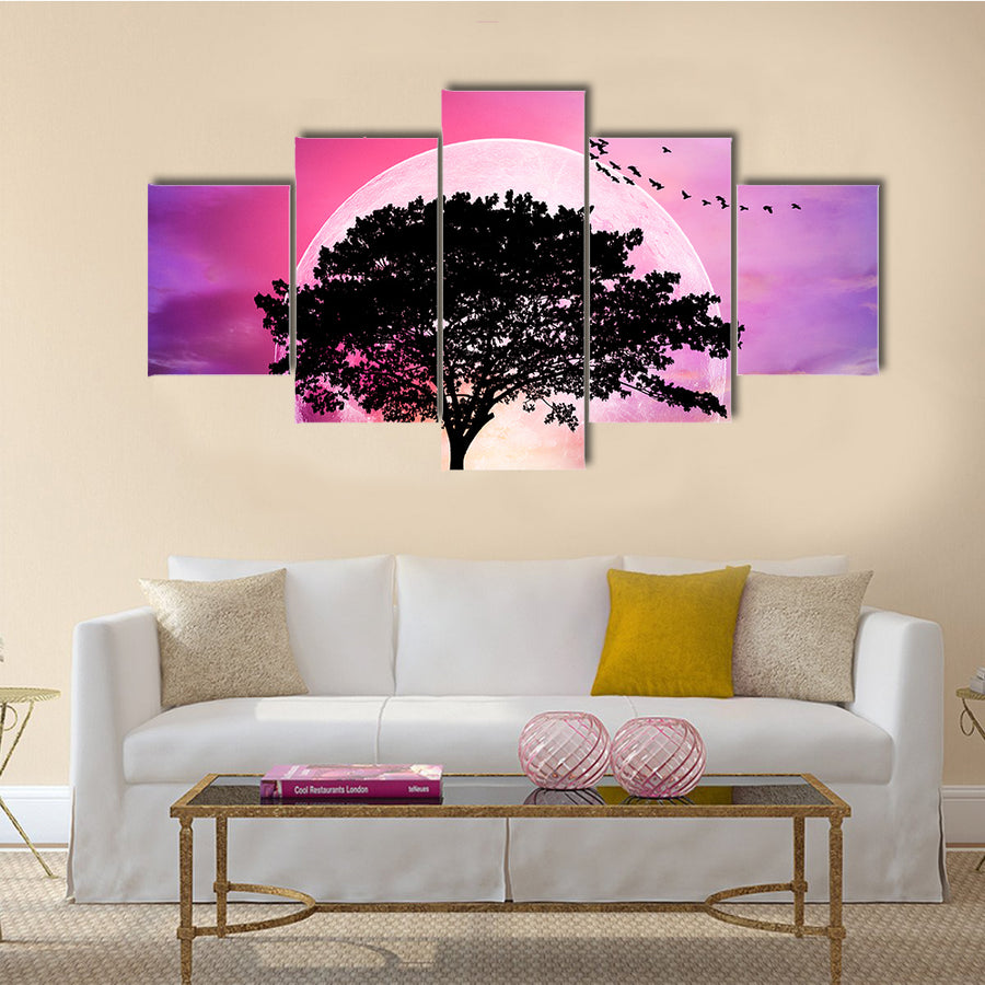 Silhouette Of The Tree Under The Full Moon Multi Panel Canvas Wall Art