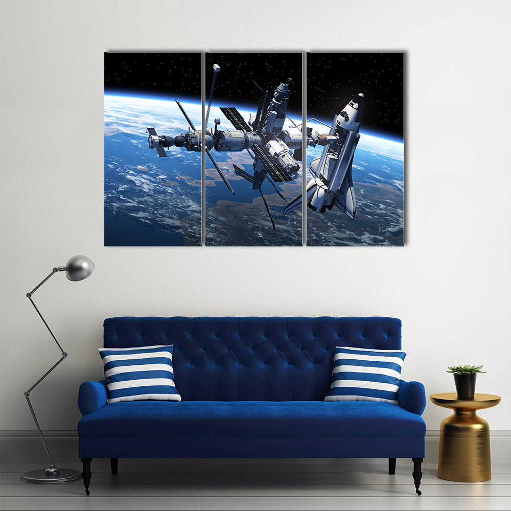 3D Outlook Of Modern Space Shuttle And Space Station Working In The Outer Space Multi Panel Canvas Wall Art