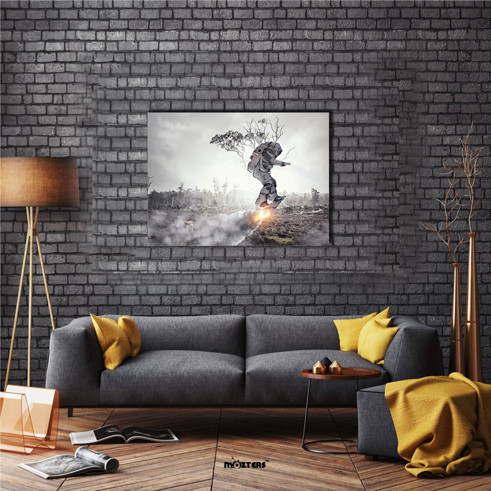 Spaceman Wandering On The Flying Board Multi Panel Canvas Wall Art