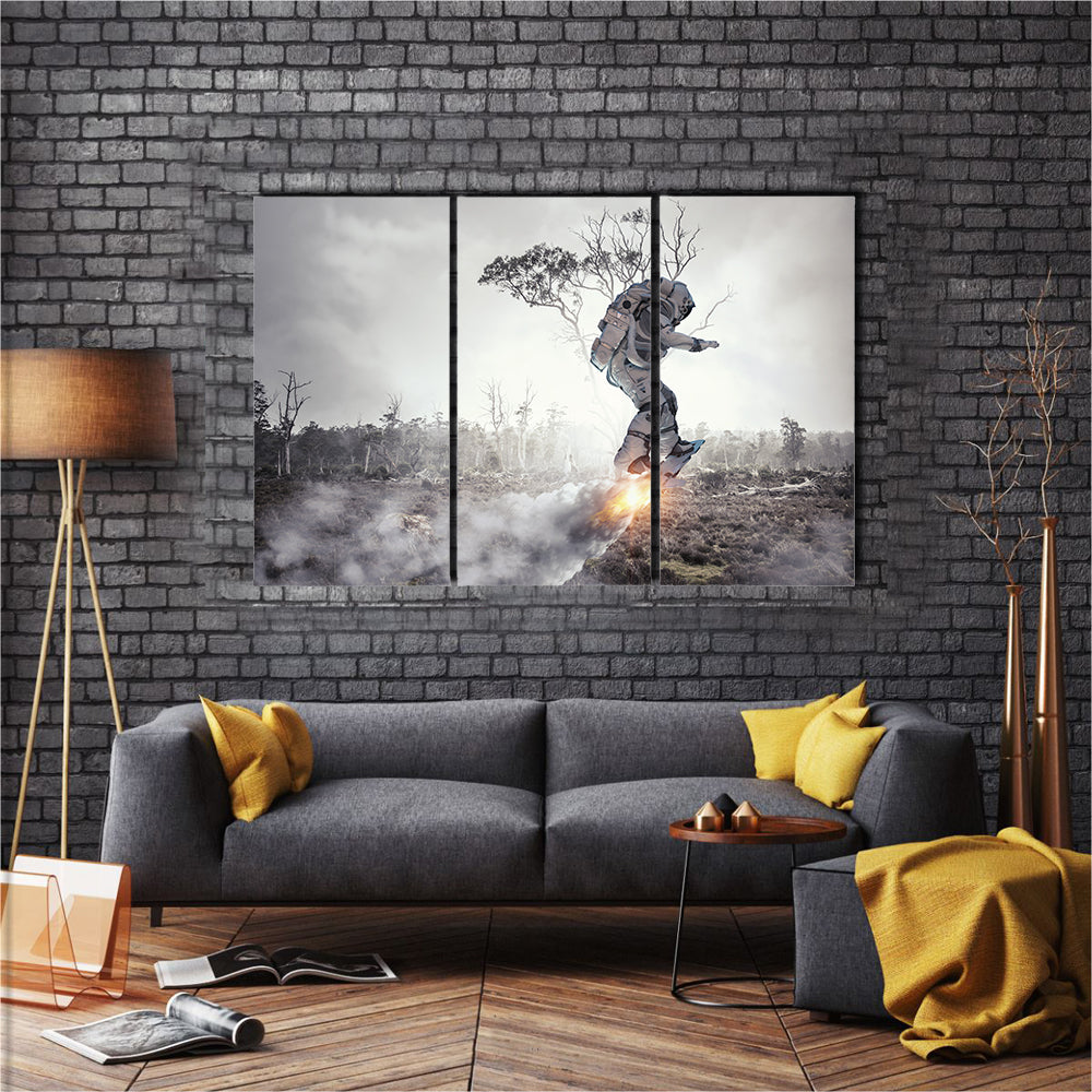 Spaceman Wandering On The Flying Board Multi Panel Canvas Wall Art