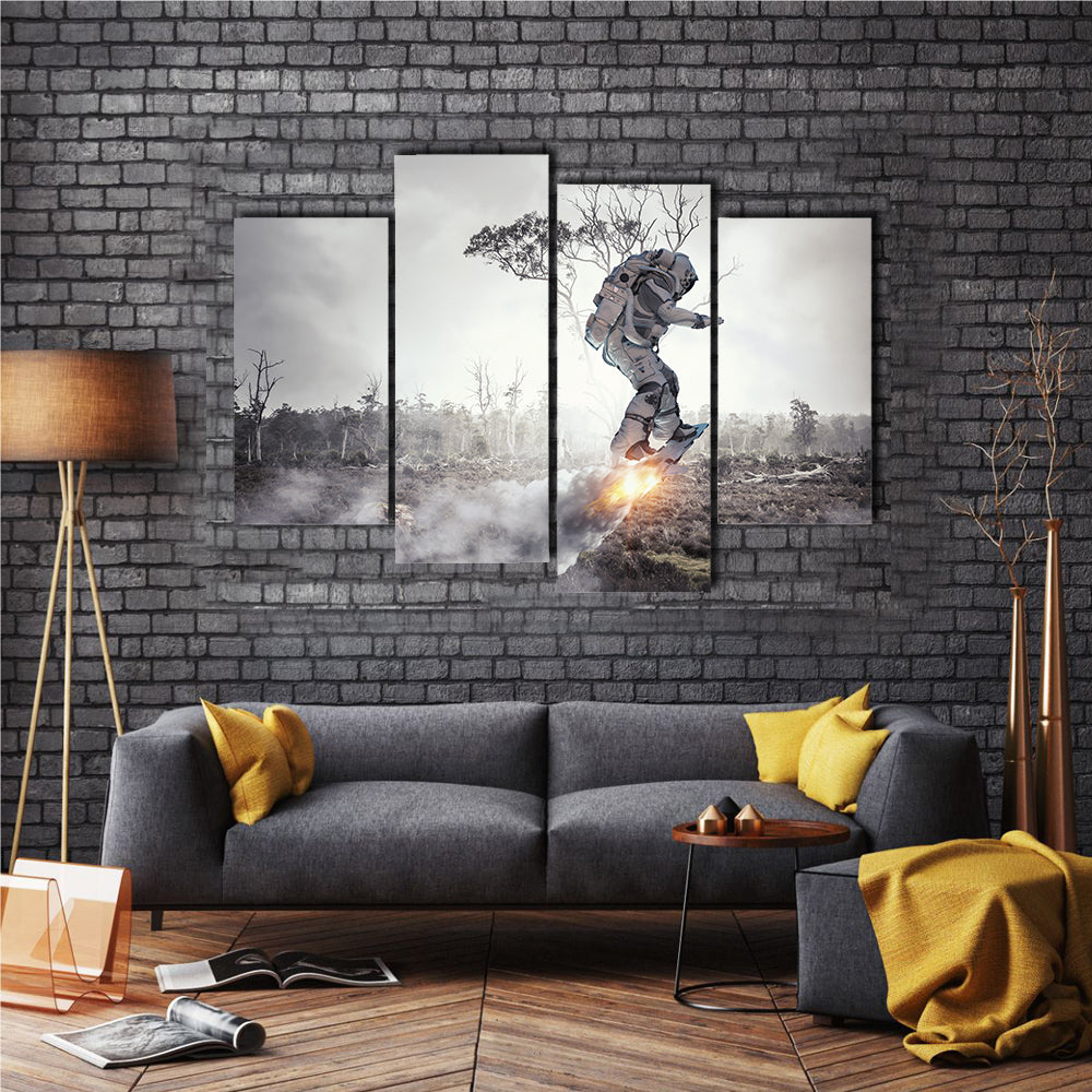 Spaceman Wandering On The Flying Board Multi Panel Canvas Wall Art