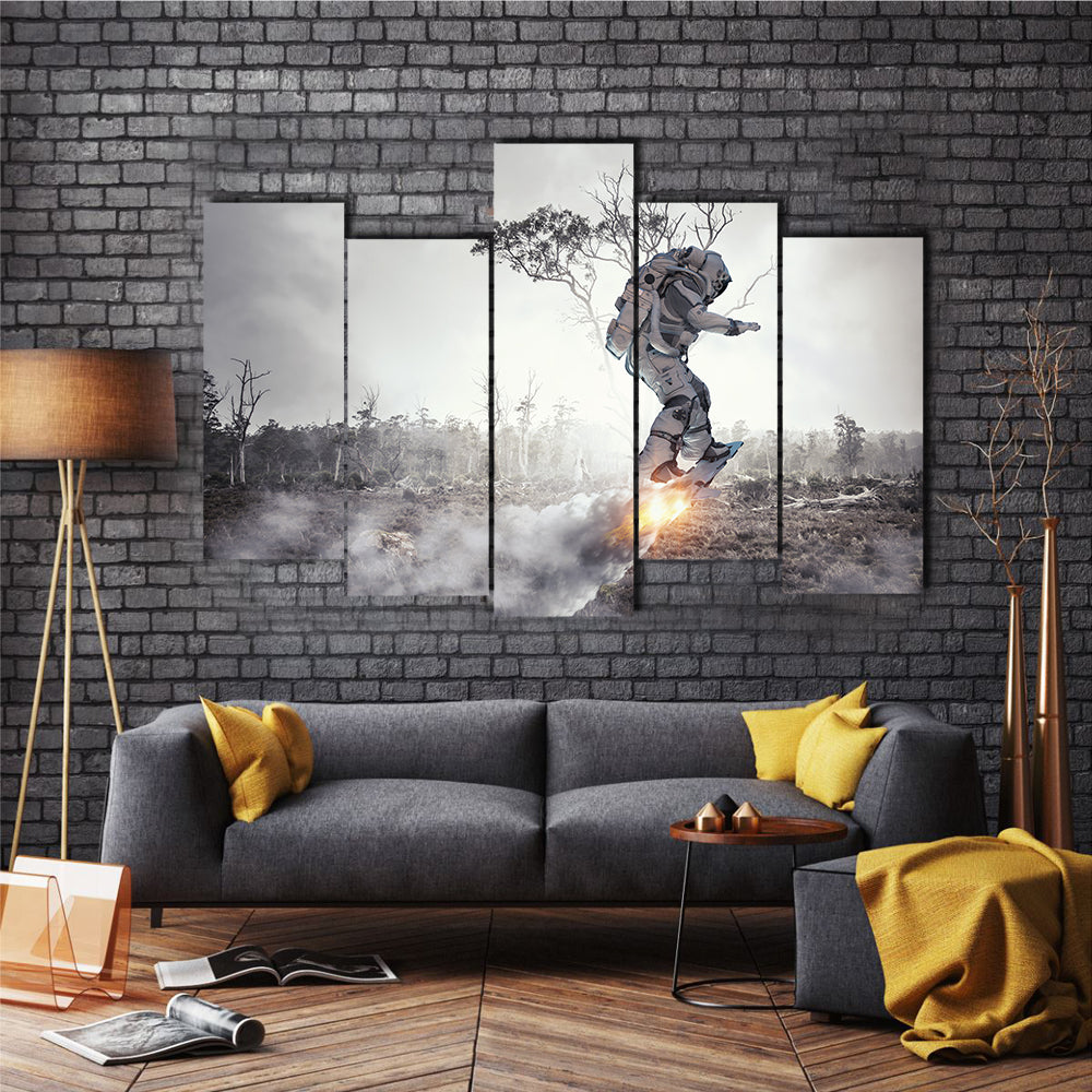 Spaceman Wandering On The Flying Board Multi Panel Canvas Wall Art