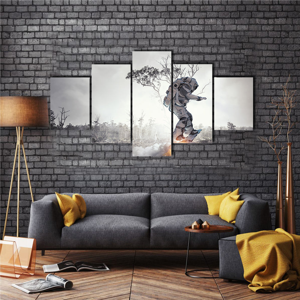 Spaceman Wandering On The Flying Board Multi Panel Canvas Wall Art