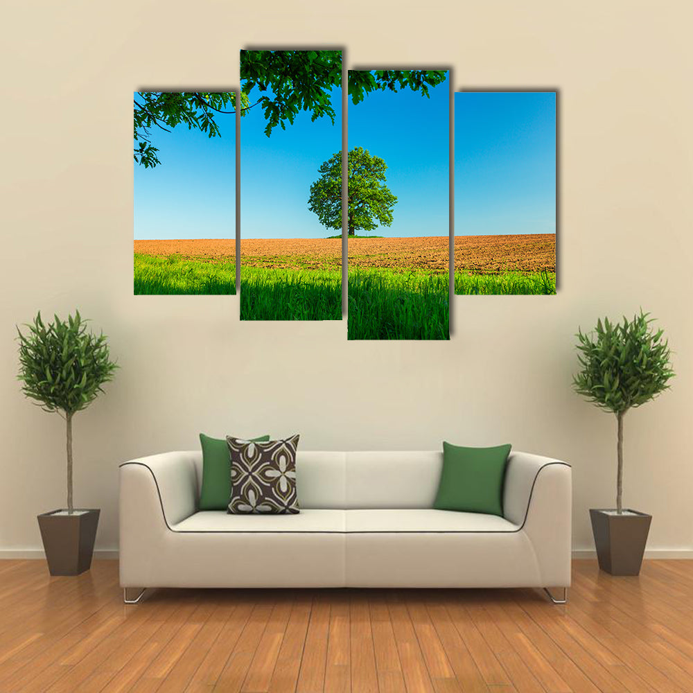 Tree in the field and blue sky Multi Panel Canvas Wall Art
