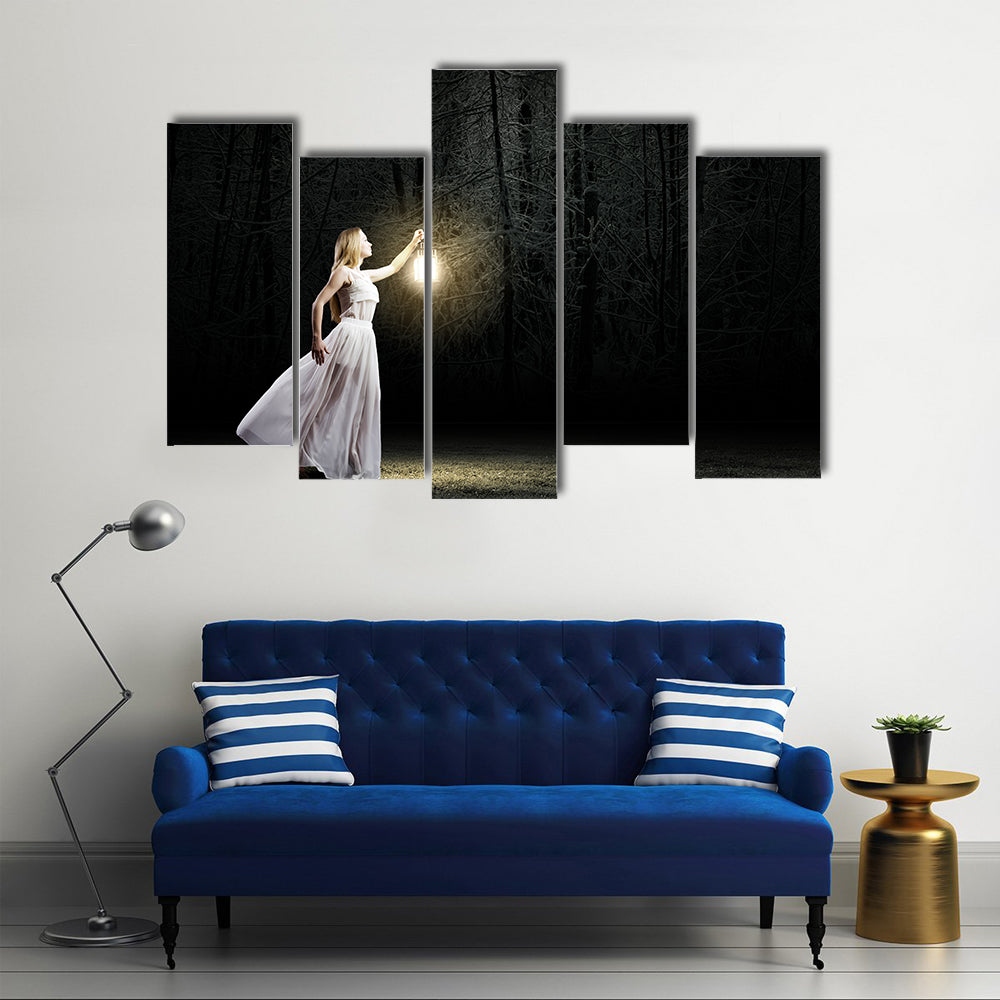 Women In The Woods At Night Multi Panel Canvas Wall Art