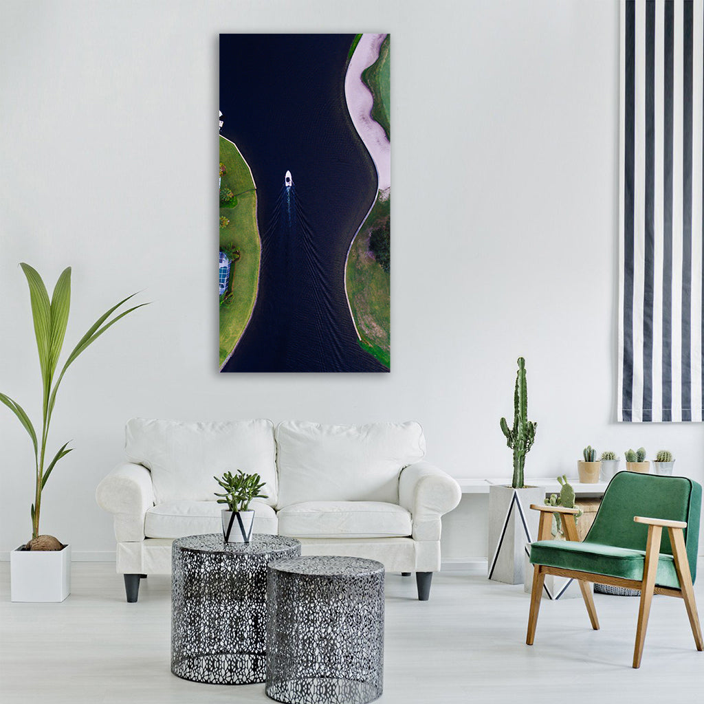 aerial ship yacht green grass Vertical Canvas Wall Art