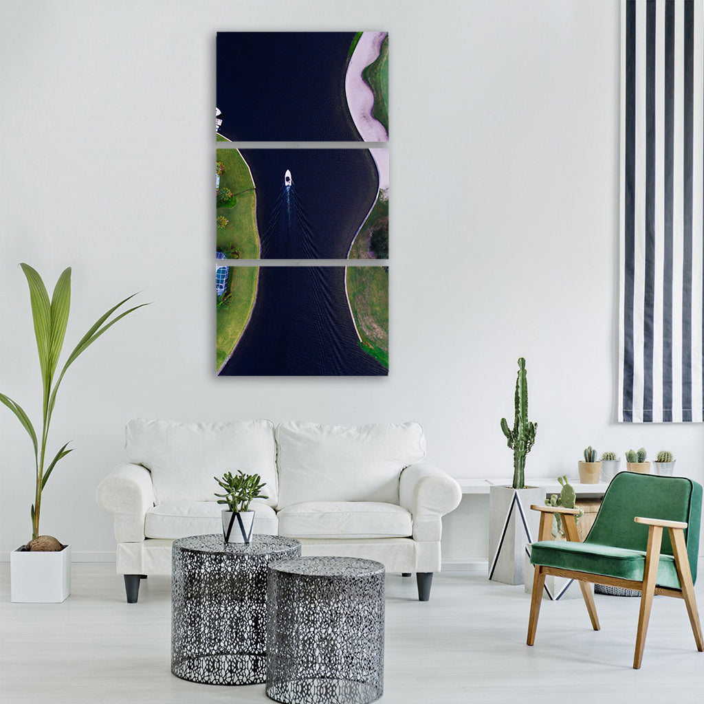 aerial ship yacht green grass Vertical Canvas Wall Art