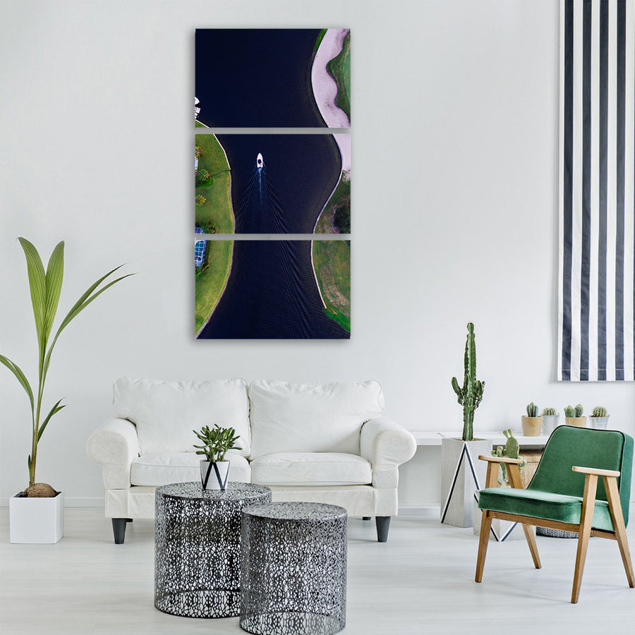 aerial ship yacht green grass Vertical Canvas Wall Art