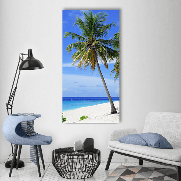 Atoll beach palm tree holiday Vertical Canvas Wall Art