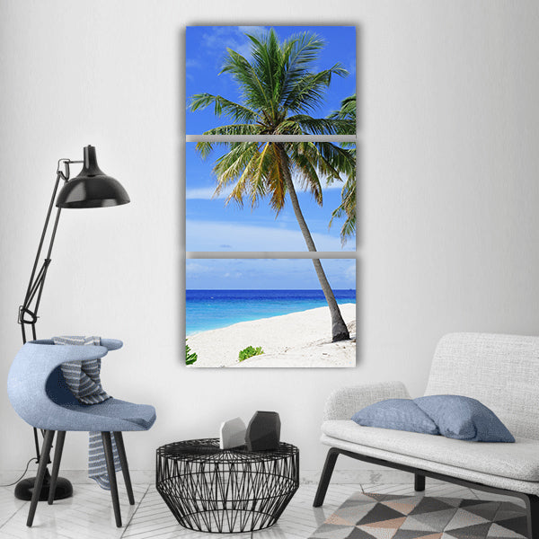 Atoll beach palm tree holiday Vertical Canvas Wall Art
