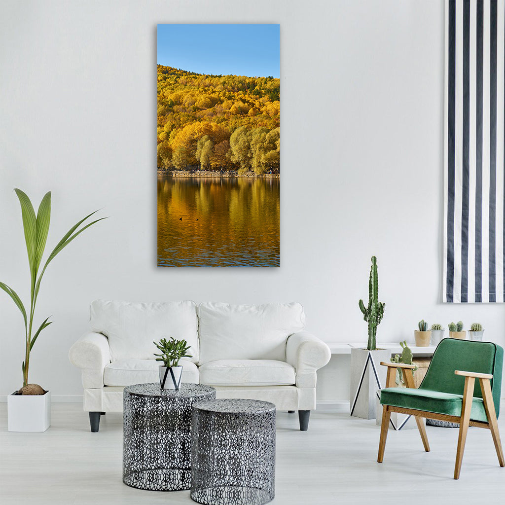 autumn trees lake autumn flowers Vertical Canvas Wall Art
