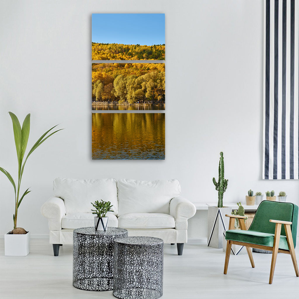 autumn trees lake autumn flowers Vertical Canvas Wall Art