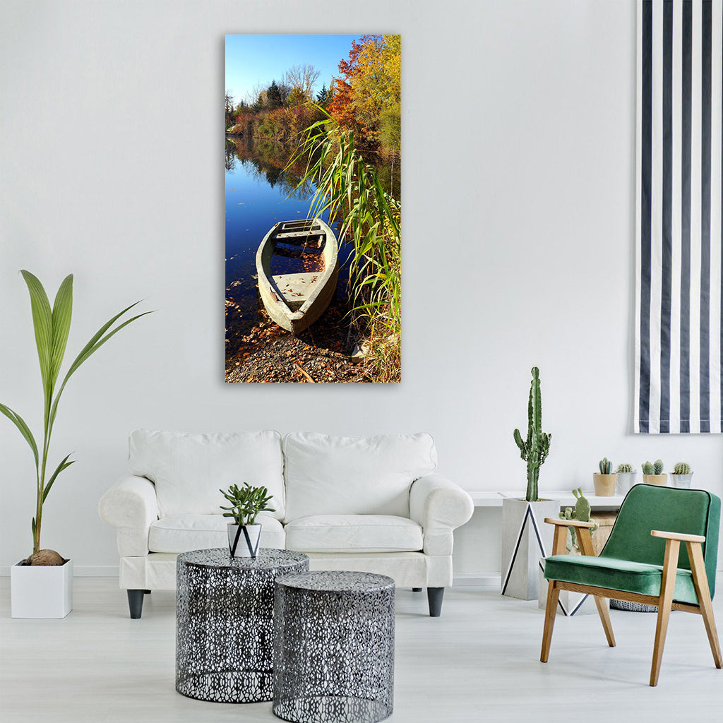autumn lake boat nature waters Vertical Canvas Wall Art
