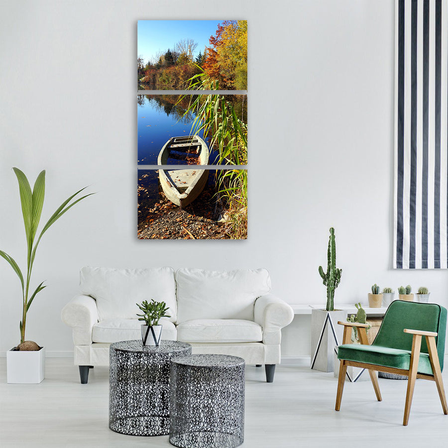 autumn lake boat nature waters Vertical Canvas Wall Art