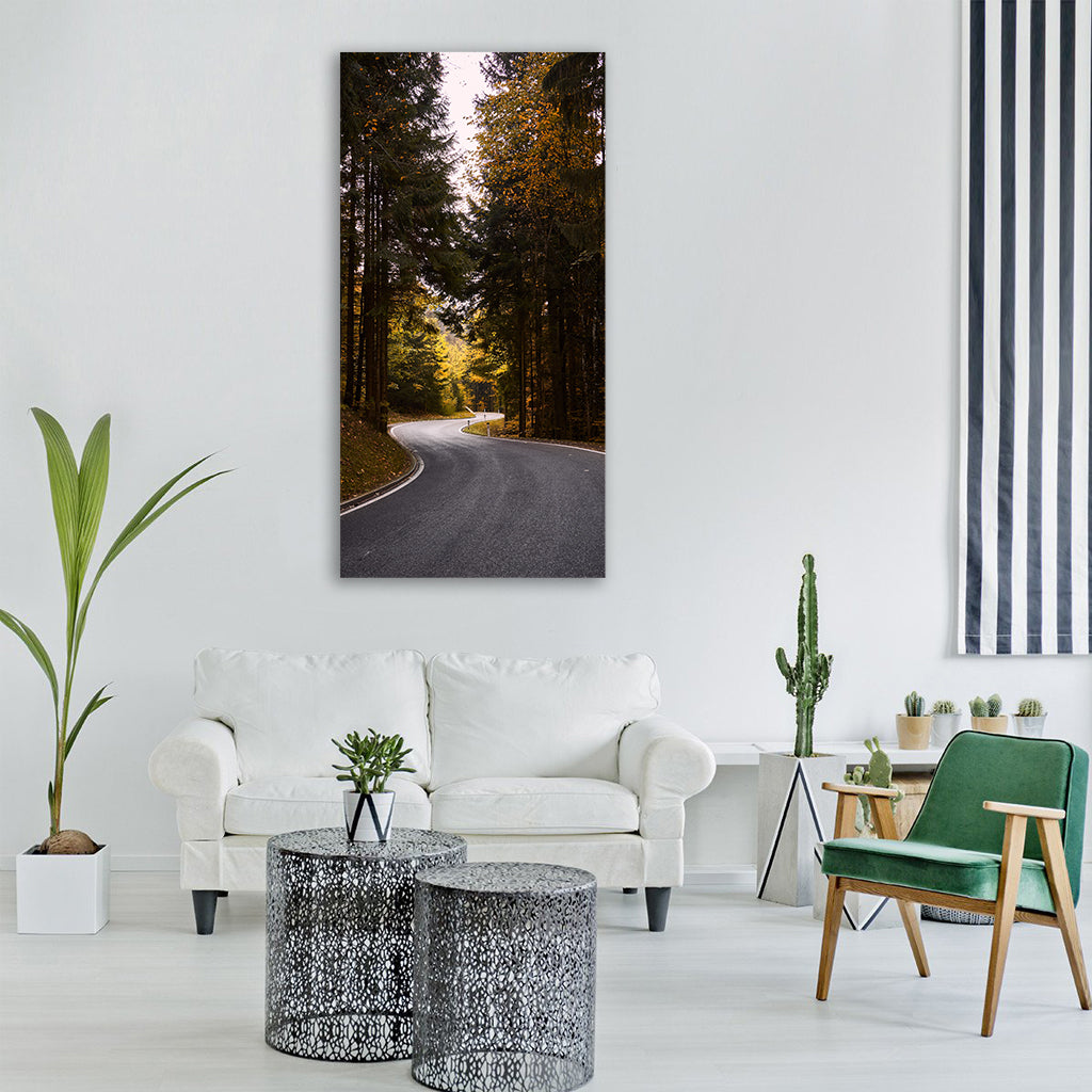 autumn leaves road forest nature Vertical Canvas Wall Art